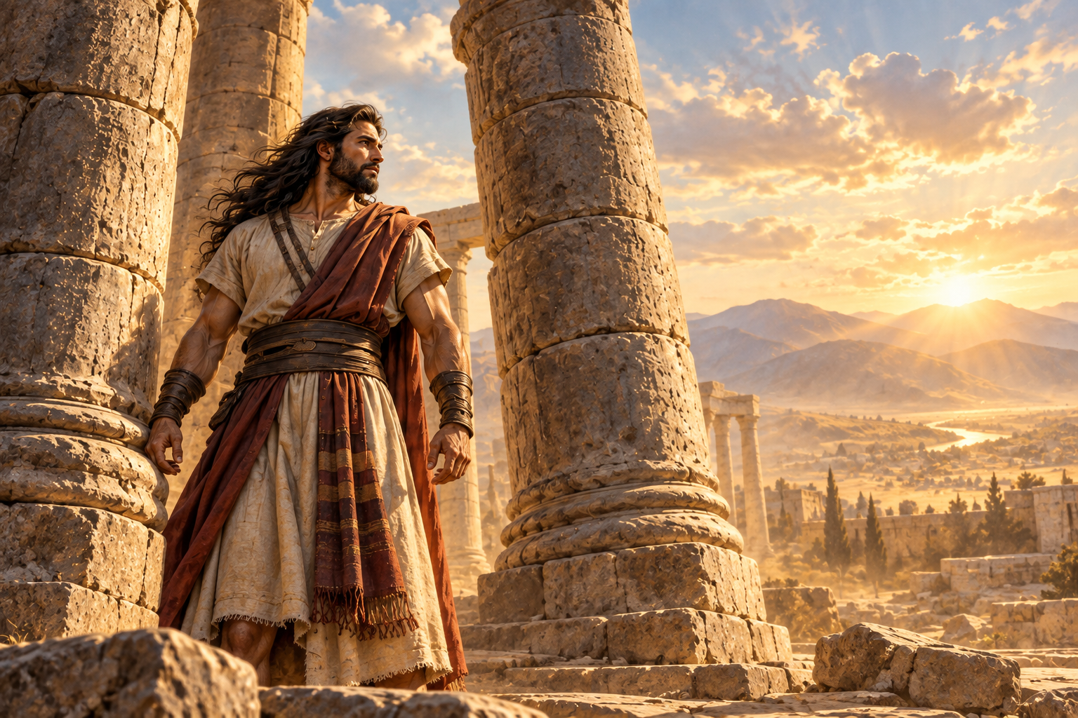 Samson standing thoughtfully between ancient stone pillars