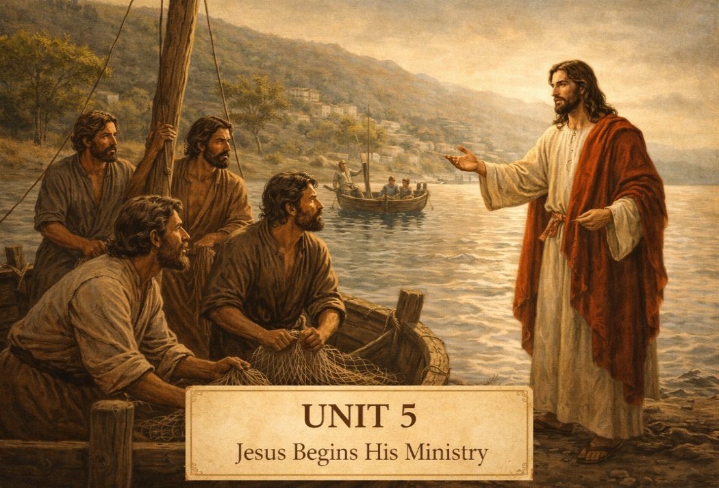 Jesus teaching the first disciples beside the Sea of Galilee