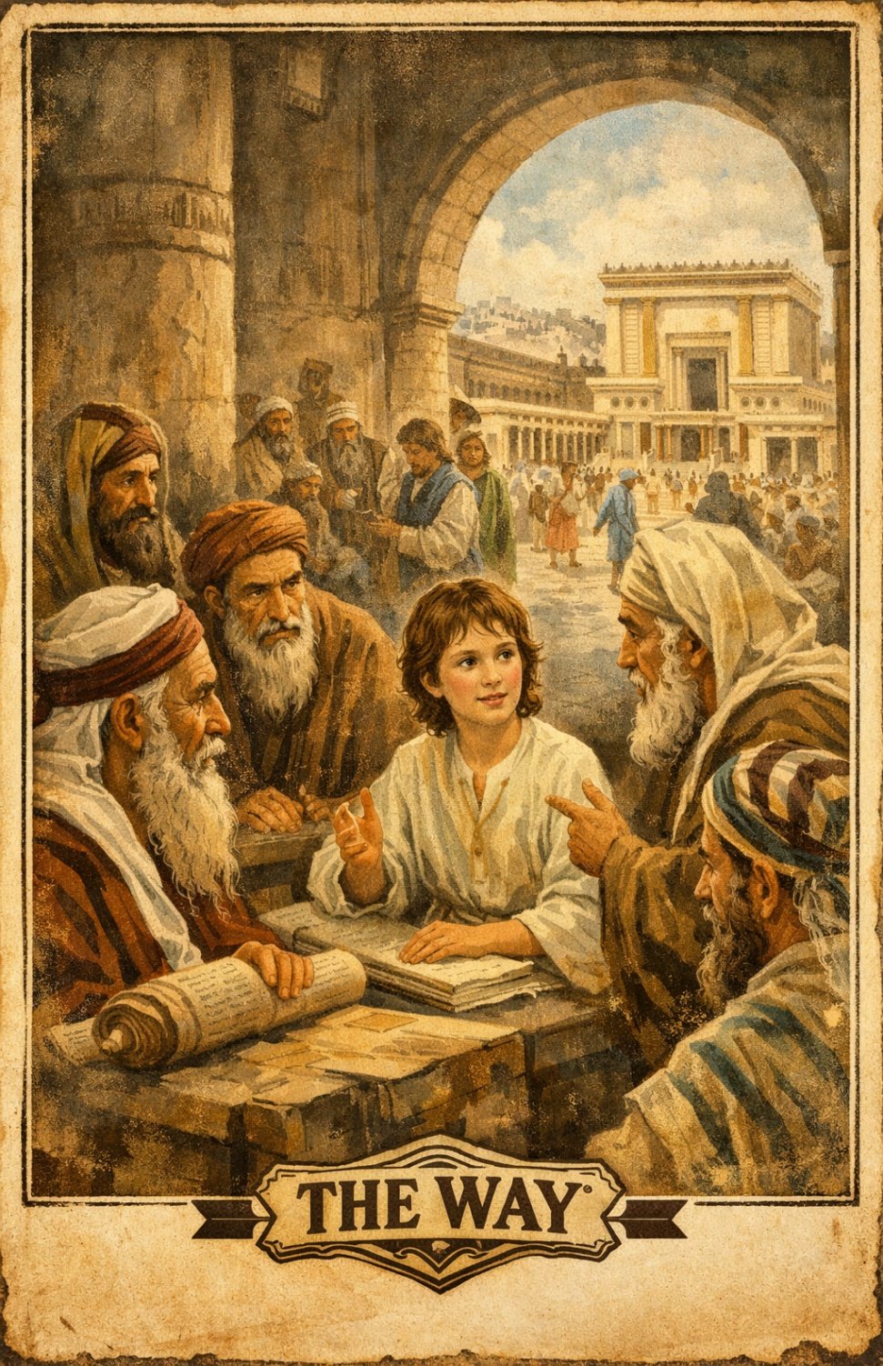 Young Jesus learning and speaking with teachers in the Temple