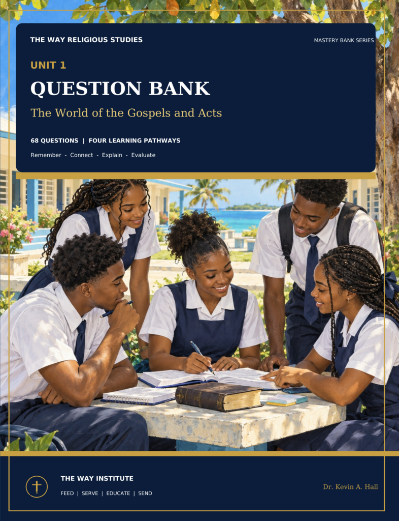 The Way Religious Studies Unit 1 Question Bank cover showing Bahamian students studying together