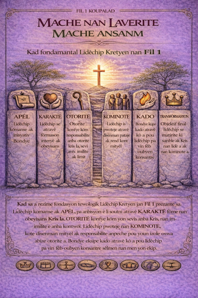 Bilingual Strand 1 Christian leadership formation graphic in Haitian Creole, with six pillars and a cross.
