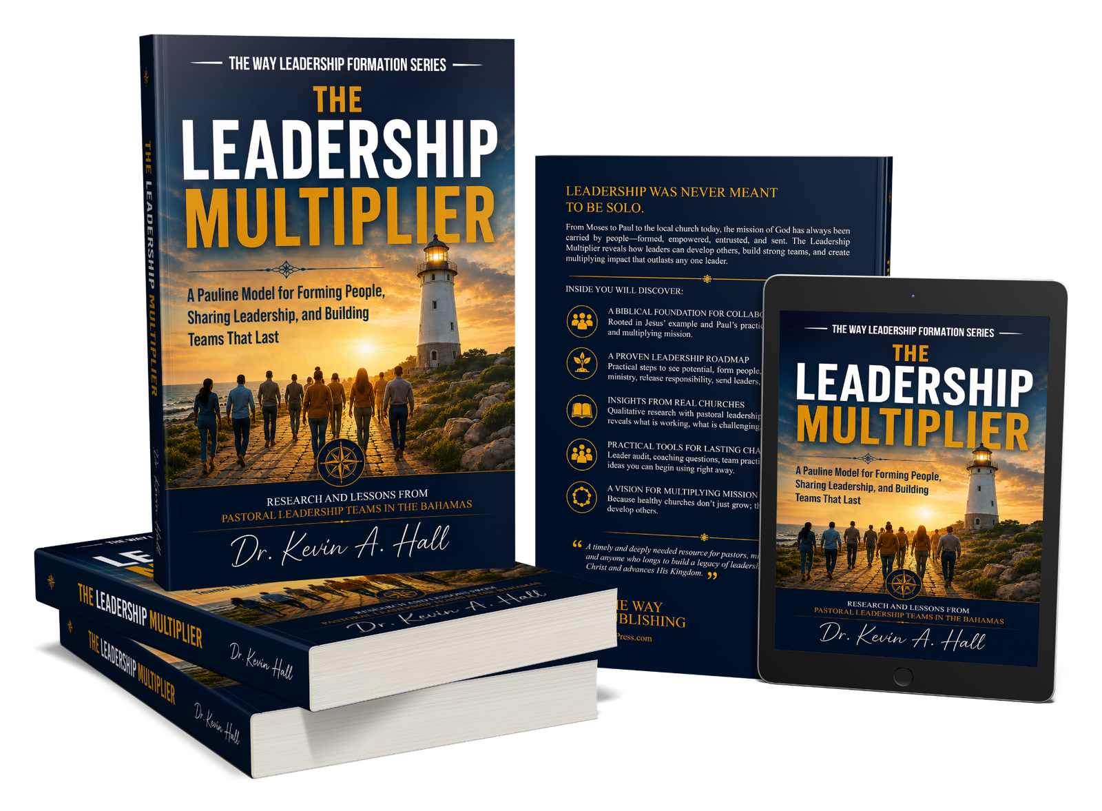 3D mockup of The Leadership Multiplier, including the print book, back cover, and ebook edition.