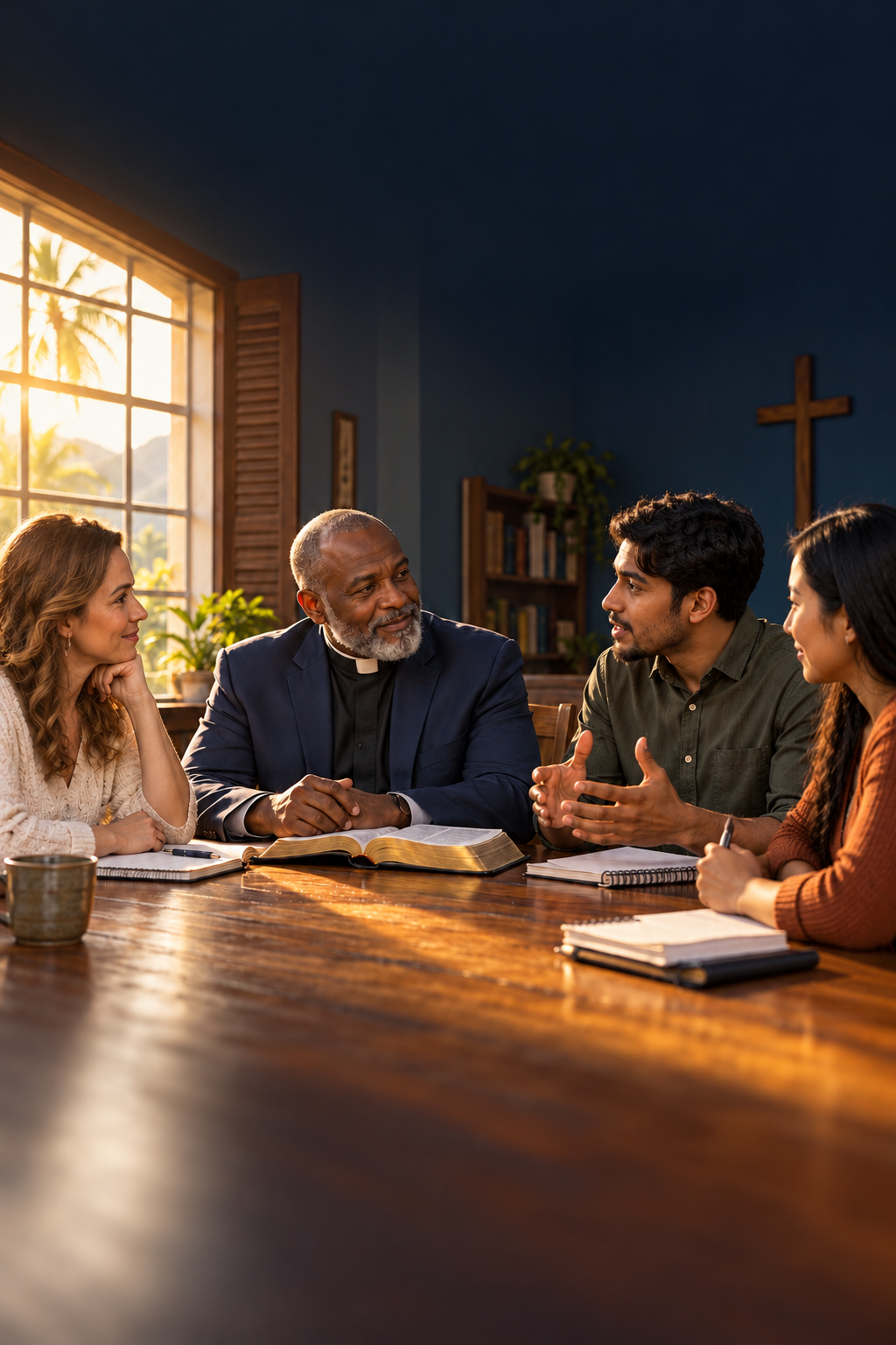 A mixed-race church leadership team learning together around an open Bible.